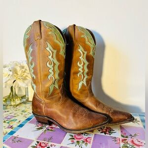 Boulet Brown Turquoise Inlay Leather Western Cowboy Cowgirl Boots 9.5